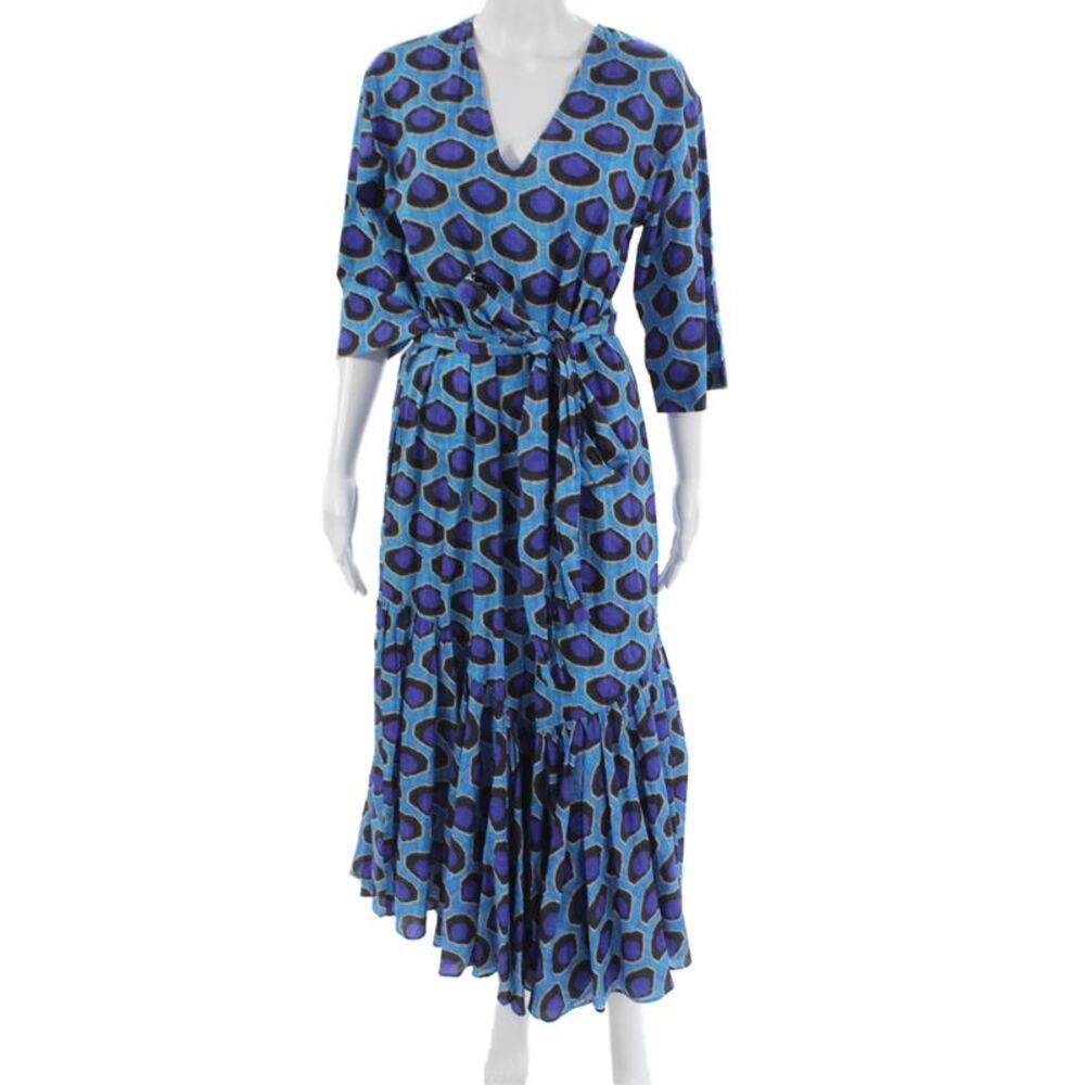 Rhode Womens Wrap Dress Blue Cotton V-Neck 3/4 Sleeve Midi Size XS